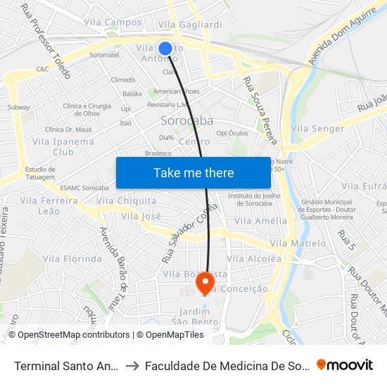 Terminal Santo Antônio to Faculdade De Medicina De Sorocaba map