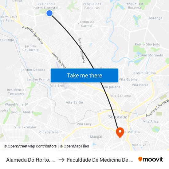 Alameda  Do Horto, Nº 810 to Faculdade De Medicina De Sorocaba map