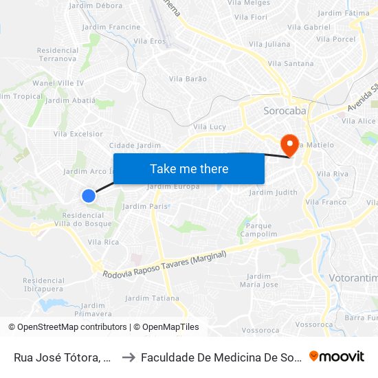 Rua  José Tótora, 1.115 to Faculdade De Medicina De Sorocaba map