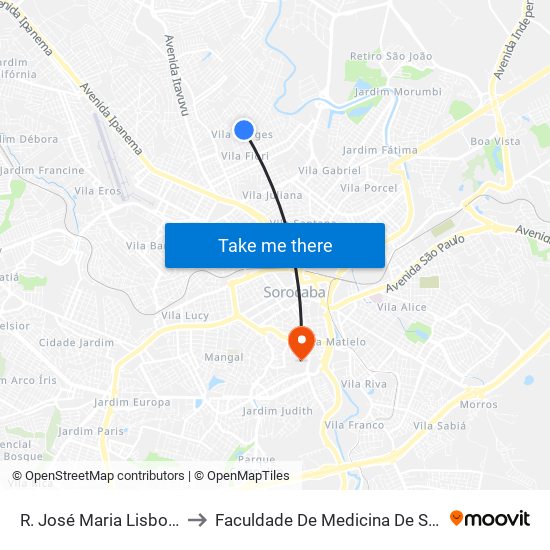 R. José Maria Lisboa, 889 to Faculdade De Medicina De Sorocaba map