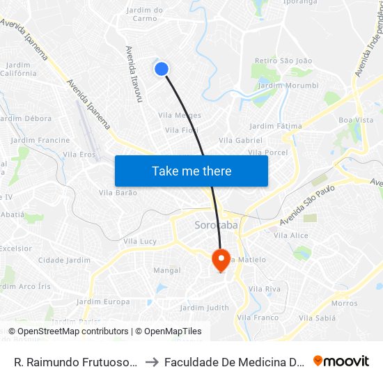 R. Raimundo Frutuoso Silva, 691 to Faculdade De Medicina De Sorocaba map