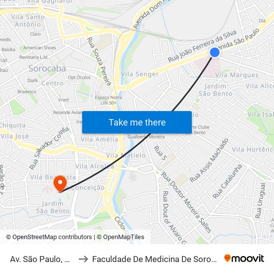 Av. São Paulo, 825 to Faculdade De Medicina De Sorocaba map