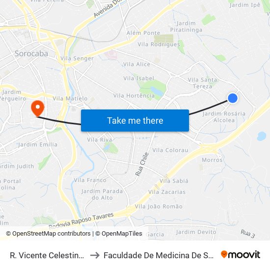 R. Vicente Celestino, 184 to Faculdade De Medicina De Sorocaba map