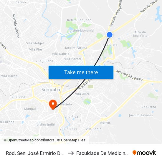 Rod. Sen. José Ermírio De Moraes , Km 2 to Faculdade De Medicina De Sorocaba map