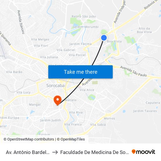 Av. Antônio Bardella, Sn to Faculdade De Medicina De Sorocaba map