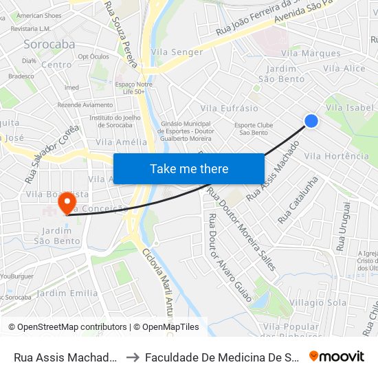 Rua  Assis Machado, 209 to Faculdade De Medicina De Sorocaba map