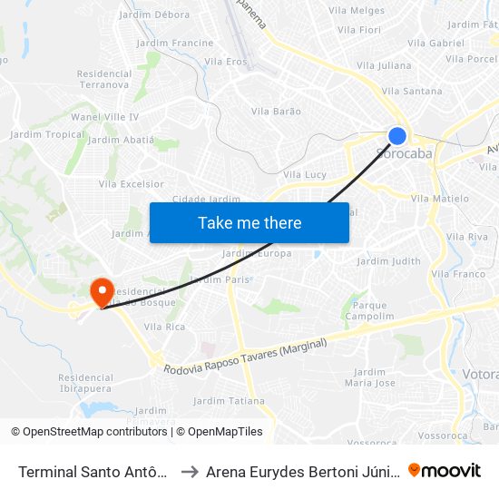Terminal Santo Antônio to Arena Eurydes Bertoni Júnior map