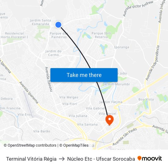 Terminal Vitória Régia to Núcleo Etc - Ufscar Sorocaba map