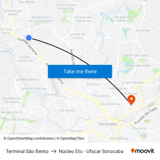 Terminal São Bento to Núcleo Etc - Ufscar Sorocaba map