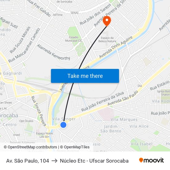 Av. São Paulo, 104 to Núcleo Etc - Ufscar Sorocaba map