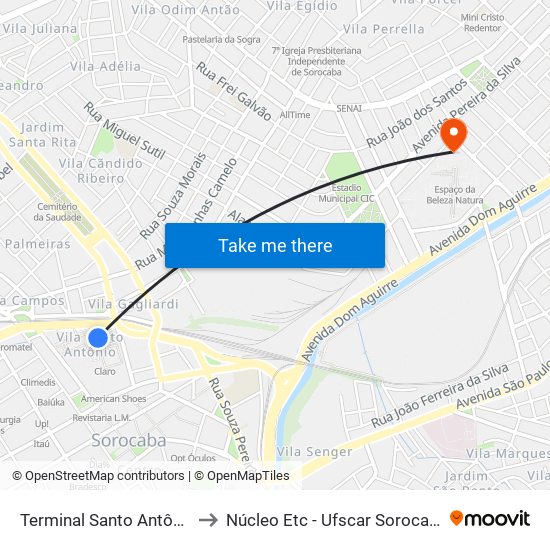 Terminal Santo Antônio to Núcleo Etc - Ufscar Sorocaba map