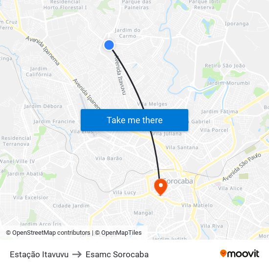 Estação Itavuvu to Esamc Sorocaba map