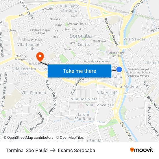 Terminal São Paulo to Esamc Sorocaba map