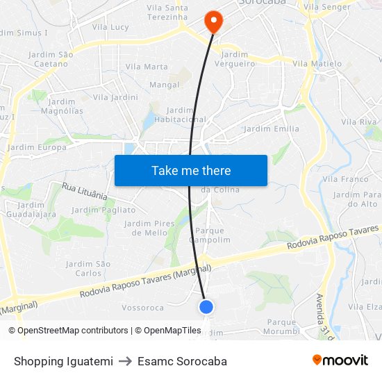 Shopping Iguatemi to Esamc Sorocaba map