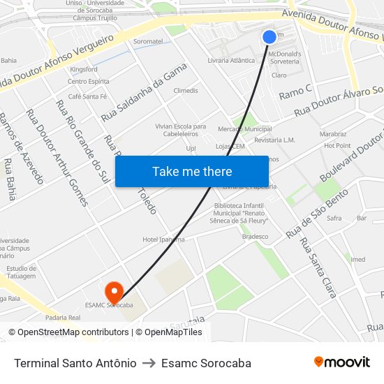 Terminal Santo Antônio to Esamc Sorocaba map
