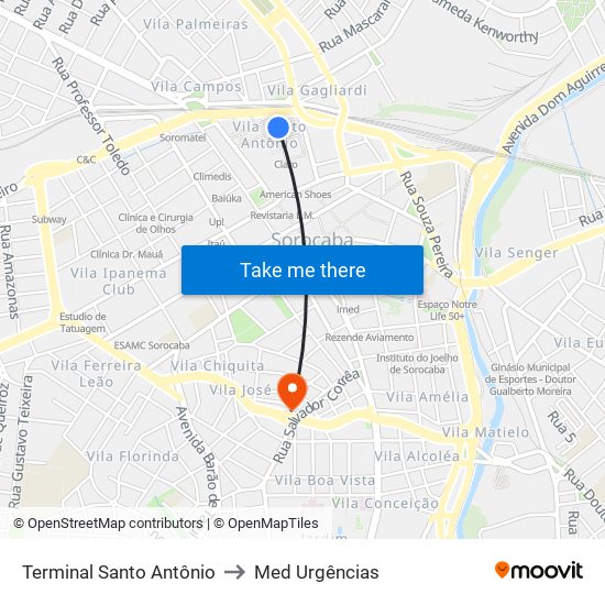 Terminal Santo Antônio to Med Urgências map