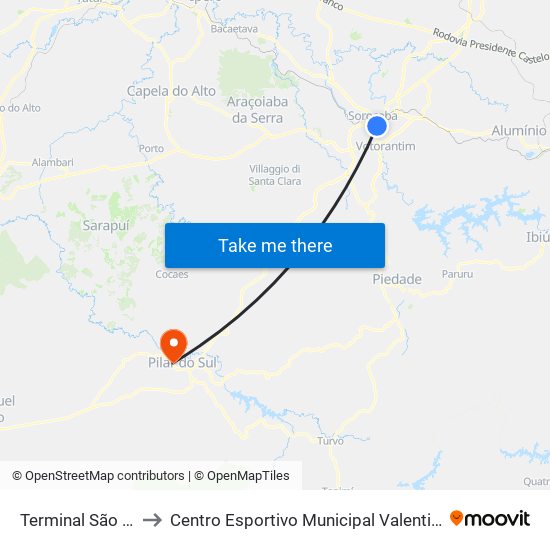 Terminal São Paulo to Centro Esportivo Municipal Valentim Godinho map