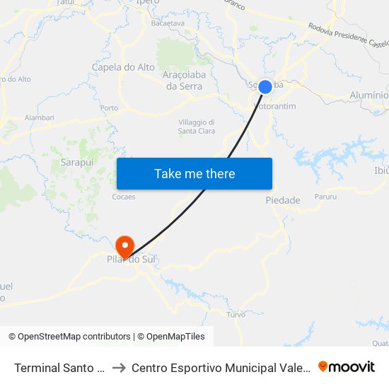 Terminal Santo Antônio to Centro Esportivo Municipal Valentim Godinho map