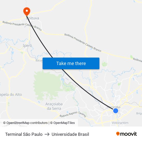 Terminal São Paulo to Universidade Brasil map