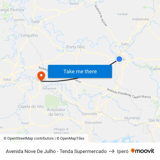 Avenida Nove De Julho - Tenda Supermercado to Iperó map
