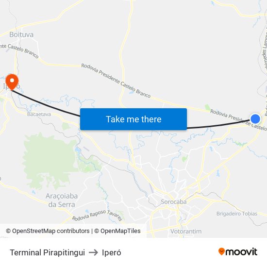 Terminal Pirapitingui to Iperó map