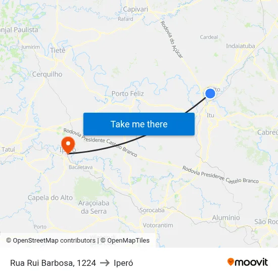 Rua Rui Barbosa, 1224 to Iperó map