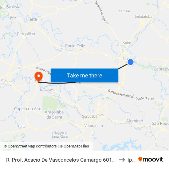 R. Prof. Acácio De Vasconcelos Camargo 601 - São Luiz Itu - SP Brasil to Iperó map