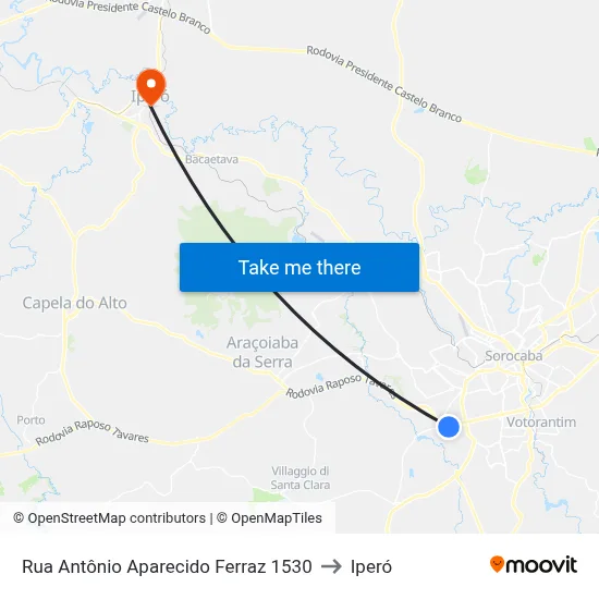 Rua Antônio Aparecido Ferraz 1530 to Iperó map