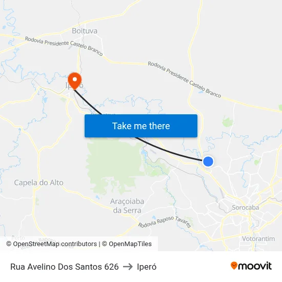 Rua Avelino Dos Santos 626 to Iperó map
