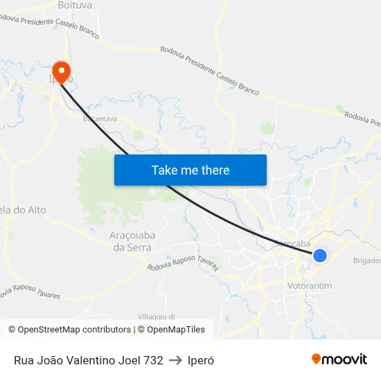 Rua João Valentino Joel 732 to Iperó map