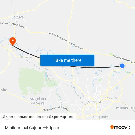 Miniterminal Cajuru to Iperó map