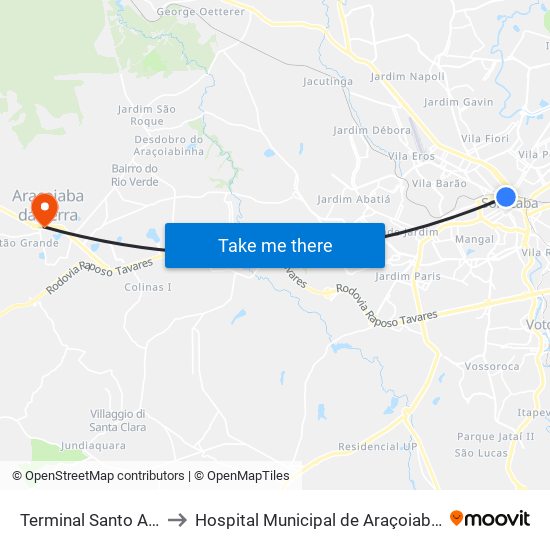 Terminal Santo Antônio to Hospital Municipal de Araçoiaba da Serra map