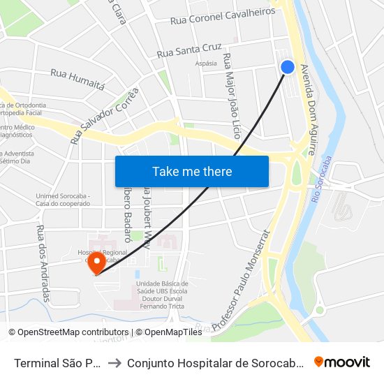 Terminal São Paulo to Conjunto Hospitalar de Sorocaba - CHS map