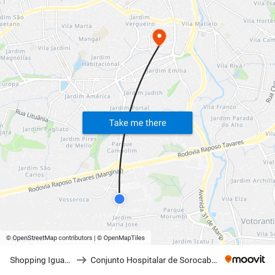 Shopping Iguatemi to Conjunto Hospitalar de Sorocaba - CHS map