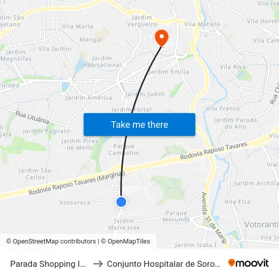 Parada Shopping Iguatemi to Conjunto Hospitalar de Sorocaba - CHS map