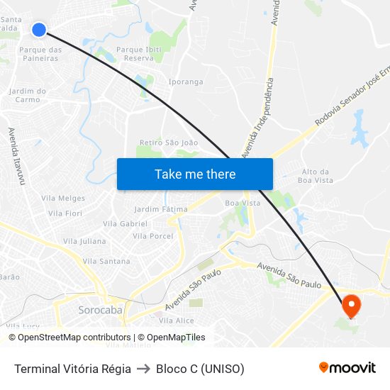 Terminal Vitória Régia to Bloco C (UNISO) map