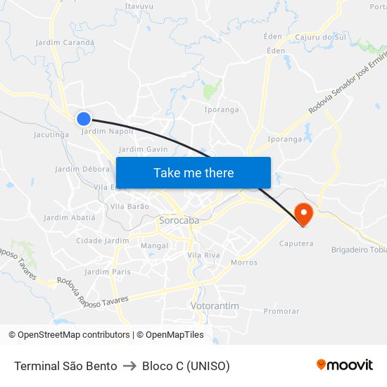 Terminal São Bento to Bloco C (UNISO) map