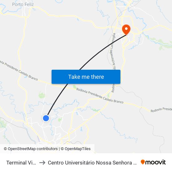 Terminal Vitória Régia to Centro Universitário Nossa Senhora Do Patrocínio - Campus Itu I map