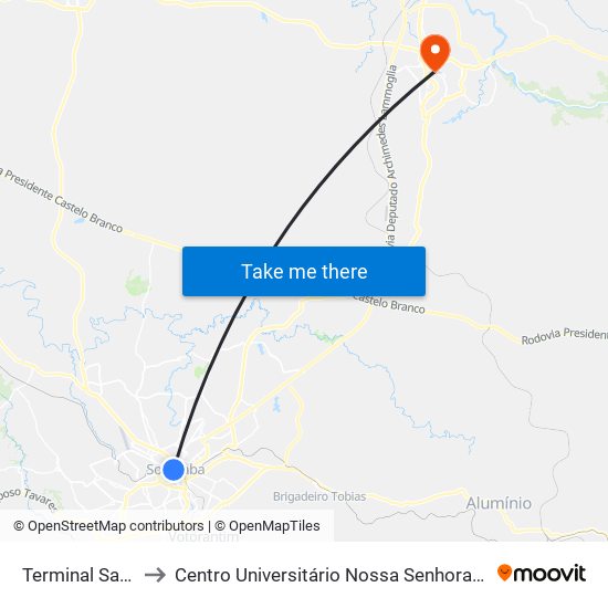 Terminal Santo Antônio to Centro Universitário Nossa Senhora Do Patrocínio - Campus Itu I map