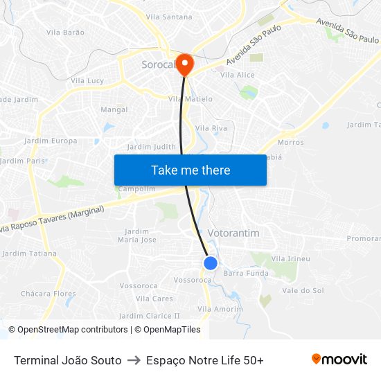 Terminal João Souto to Espaço Notre Life 50+ map