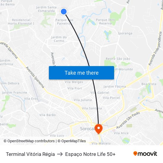 Terminal Vitória Régia to Espaço Notre Life 50+ map