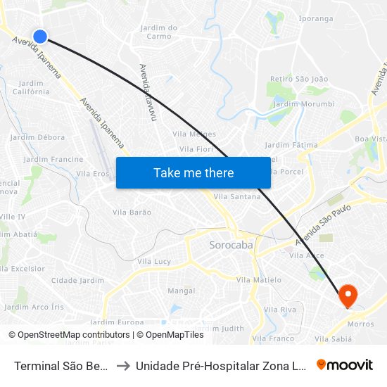 Terminal São Bento to Unidade Pré-Hospitalar Zona Leste map