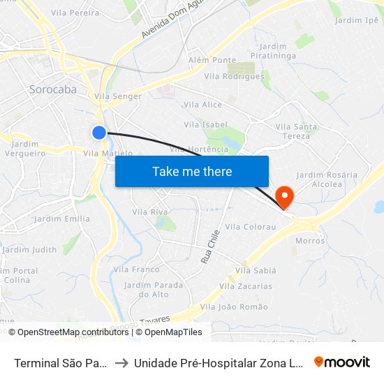 Terminal São Paulo to Unidade Pré-Hospitalar Zona Leste map