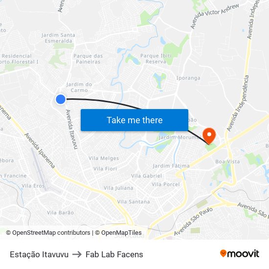 Estação Itavuvu to Fab Lab Facens map
