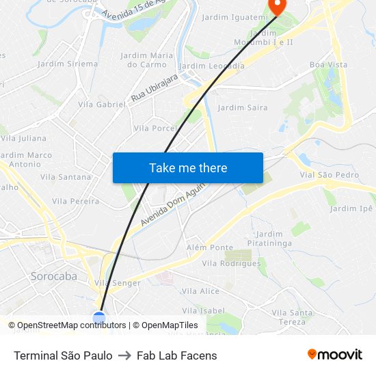 Terminal São Paulo to Fab Lab Facens map