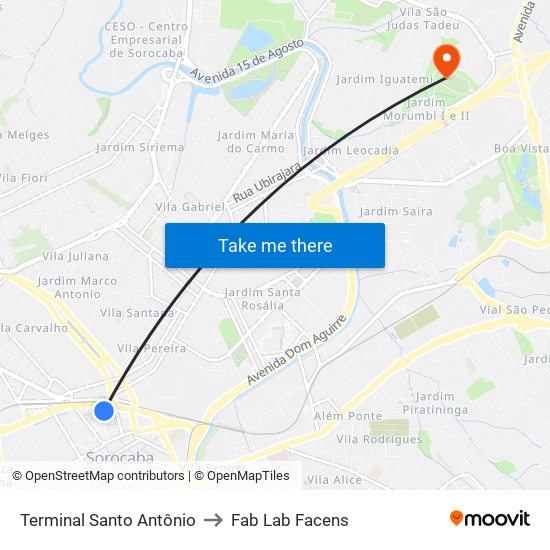 Terminal Santo Antônio to Fab Lab Facens map