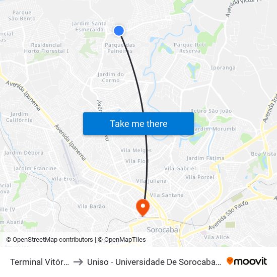 Terminal Vitória Régia to Uniso - Universidade De Sorocaba Câmpus Trujillo map