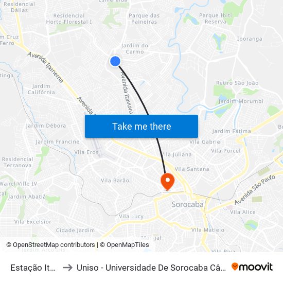 Estação Itavuvu to Uniso - Universidade De Sorocaba Câmpus Trujillo map