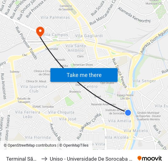 Terminal São Paulo to Uniso - Universidade De Sorocaba Câmpus Trujillo map