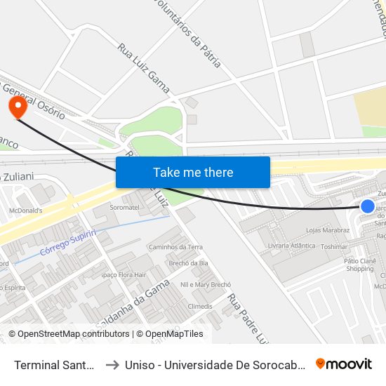 Terminal Santo Antônio to Uniso - Universidade De Sorocaba Câmpus Trujillo map